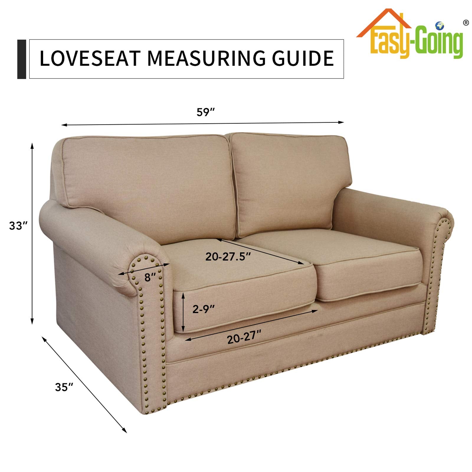 Easy-Going cover beside a tape measure demonstrating fit for 40–55 inch loveseat