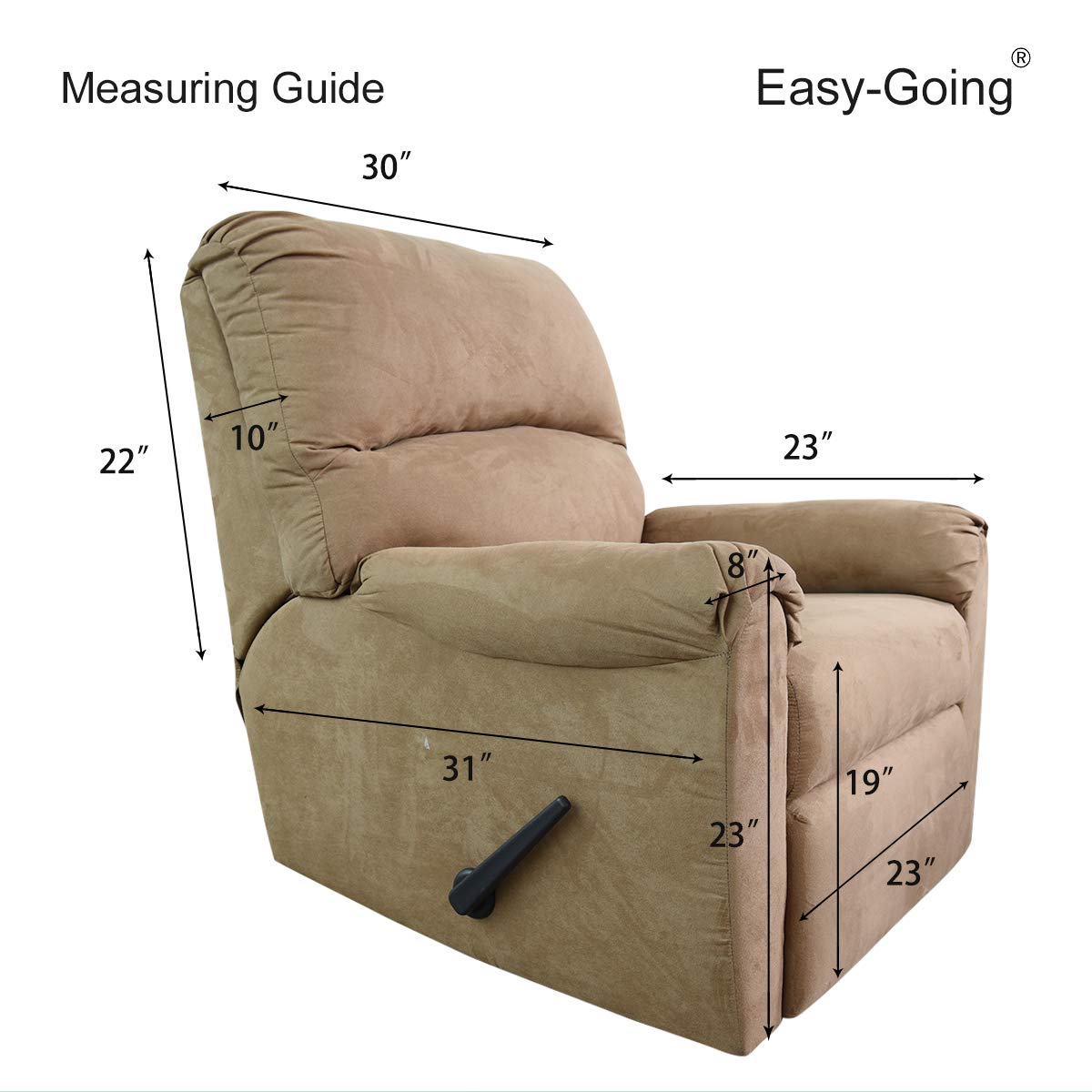 Easy-Going size comparison with chair and ruler showing fit range clarity