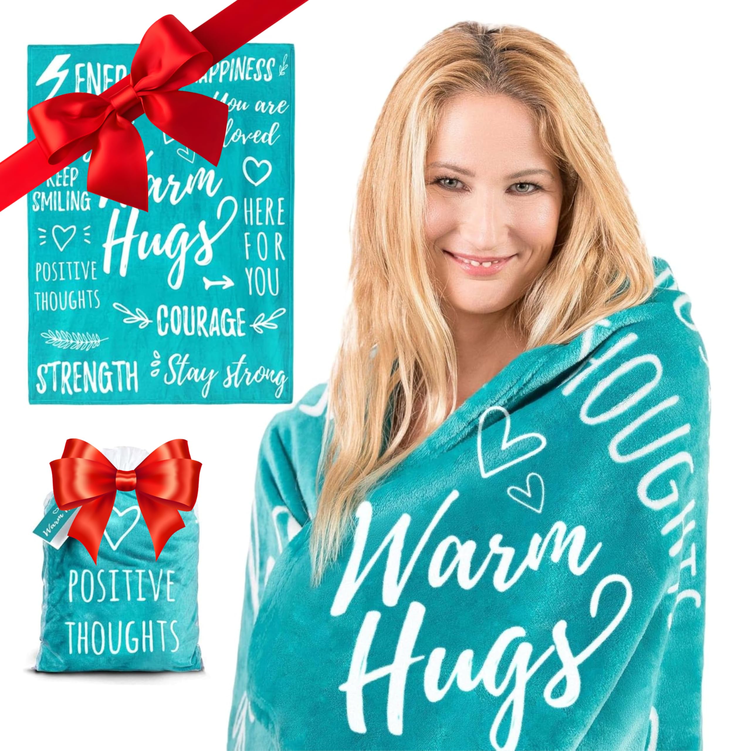 EasyFluffy front view teal blanket showing inspirational print and cozy benefit