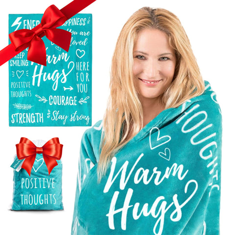 EasyFluffy front view teal blanket showing inspirational print and cozy benefit