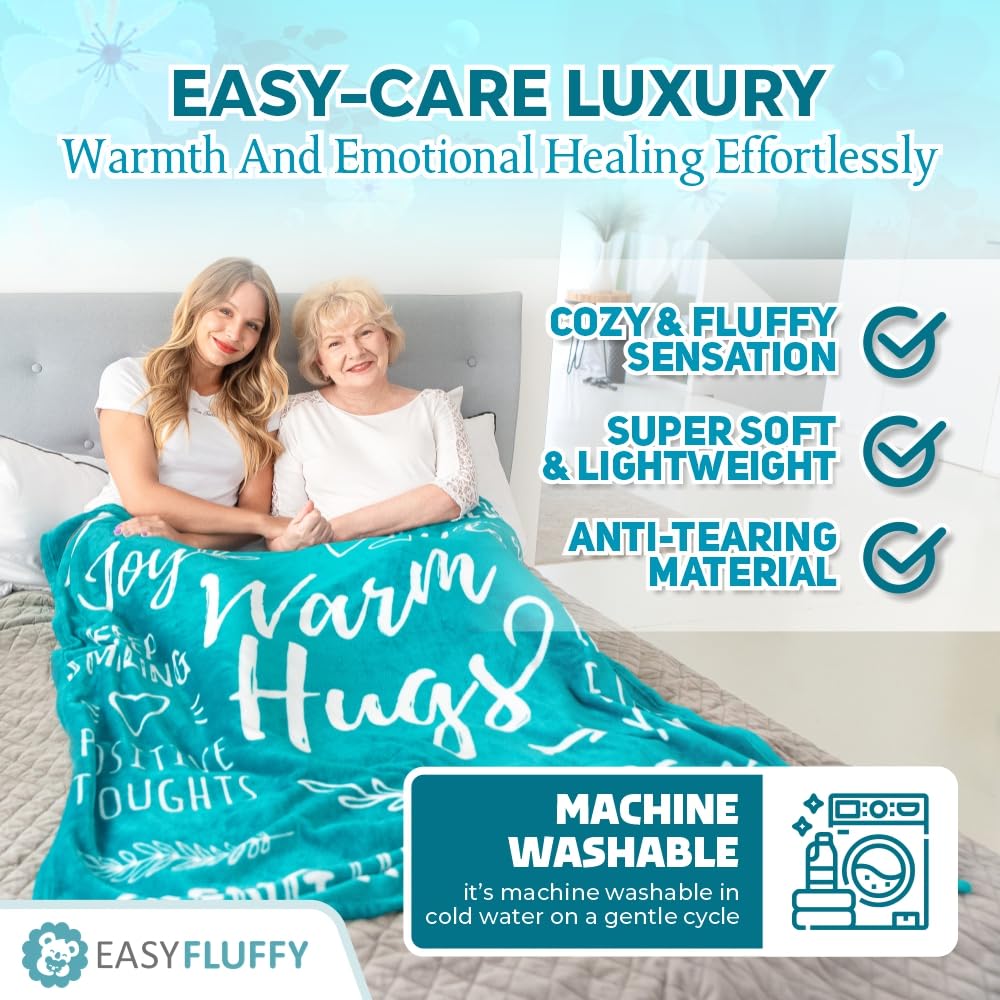 EasyFluffy blanket on sofa with person for size reference and coverage benefit