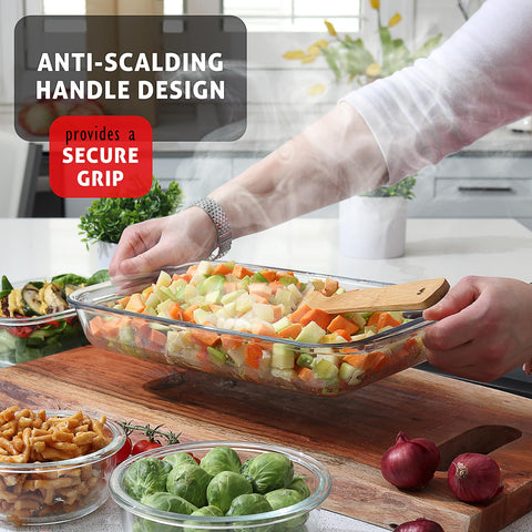 EATEX lid snapped onto glass pan showing secure, leak-resistant fit