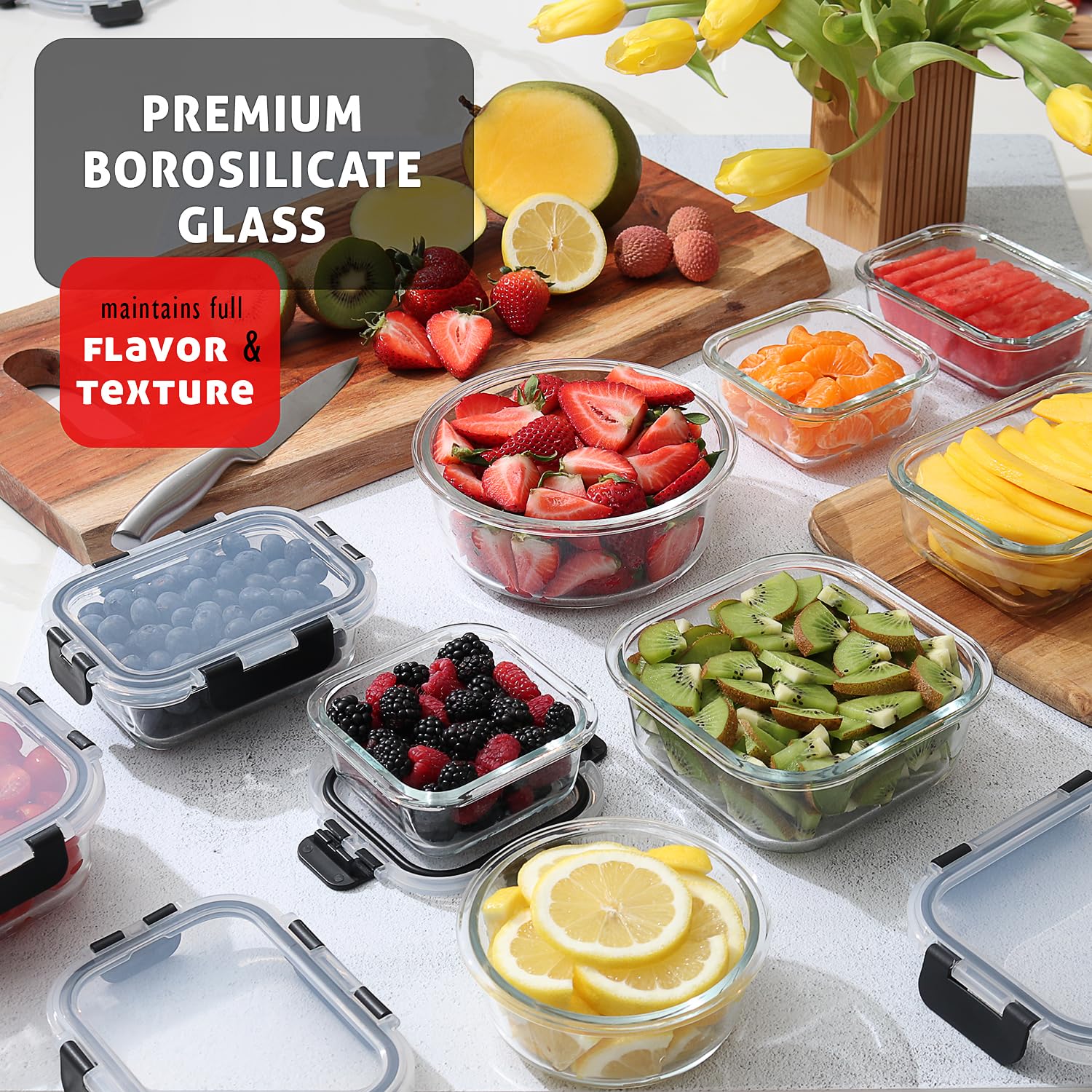 EATEX rectangular glass container close-up showing dimensions and versatility