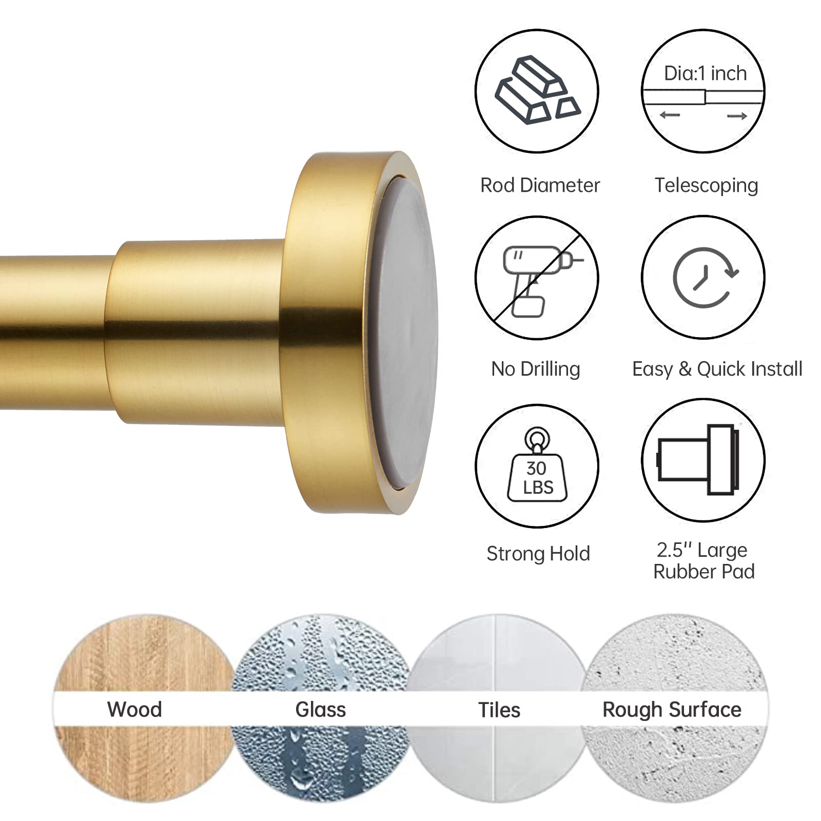 eboatop gold rod extended beside tape measure showing 27 to 43 inch adjustable range