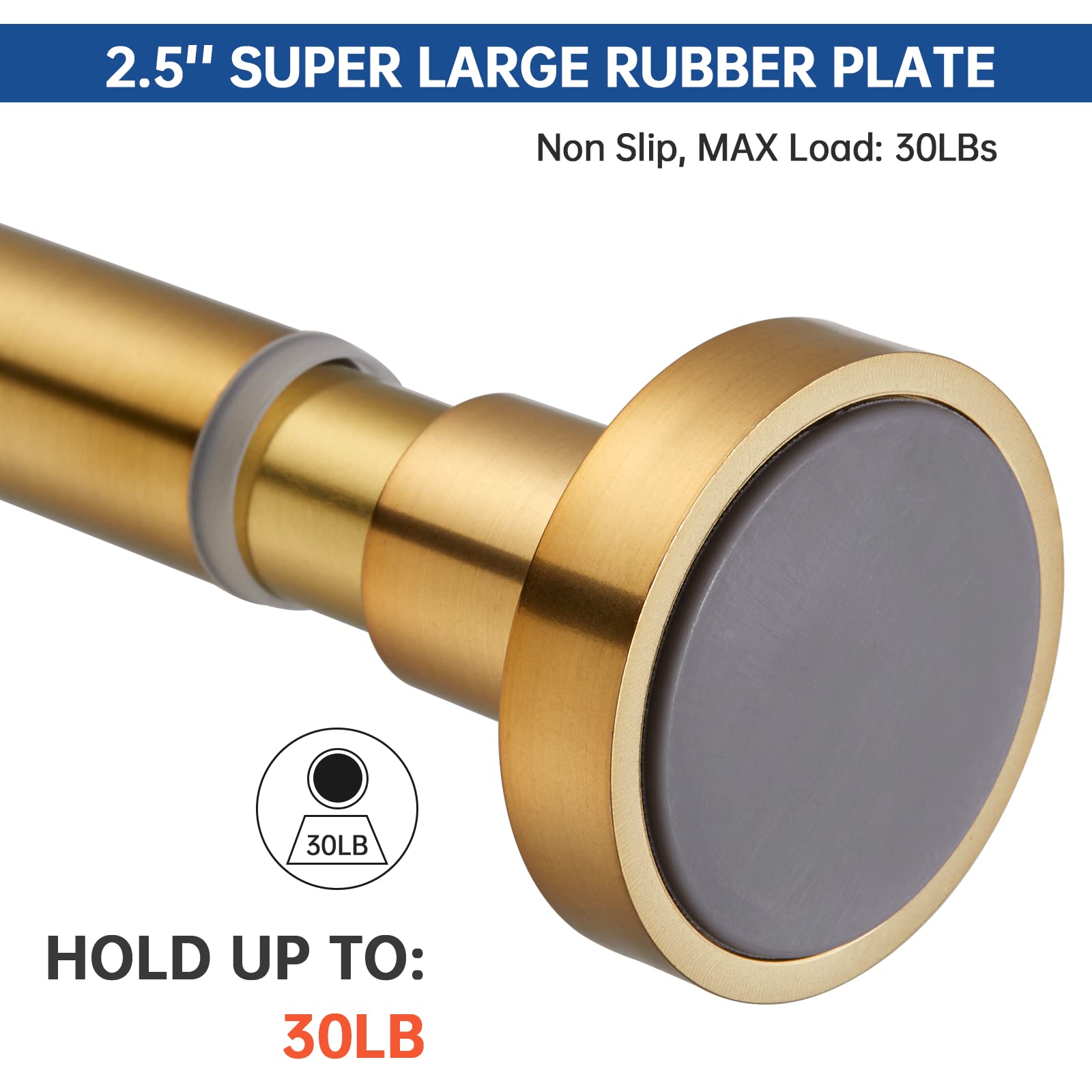 eboatop rod installed in shower with curtain, adds elegant gold accent and stability