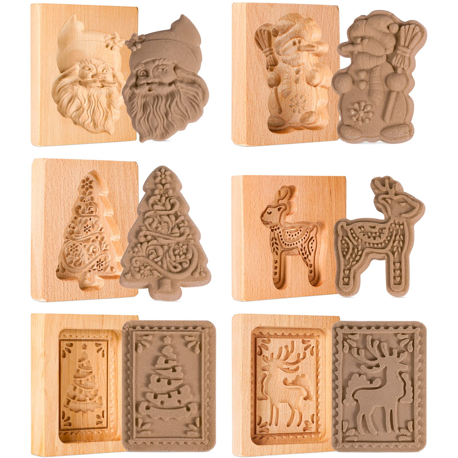EBOOT front view of six wooden Christmas cookie molds showing all designs benefit: clear selection