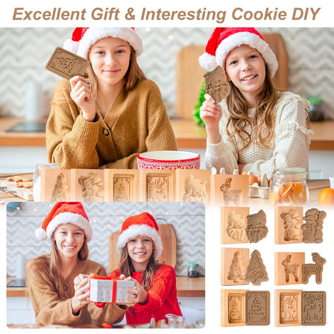EBOOT pressing a wooden mold into cookie dough showing in-use technique benefit: easy pattern transfer