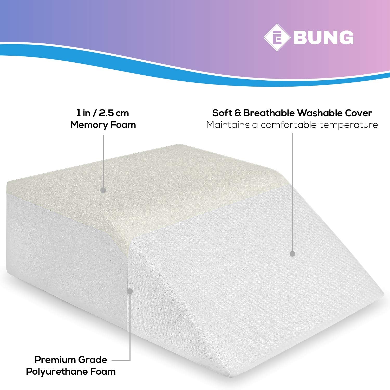 Ebung pillow on a bed demonstrating comfortable elevation for recovery