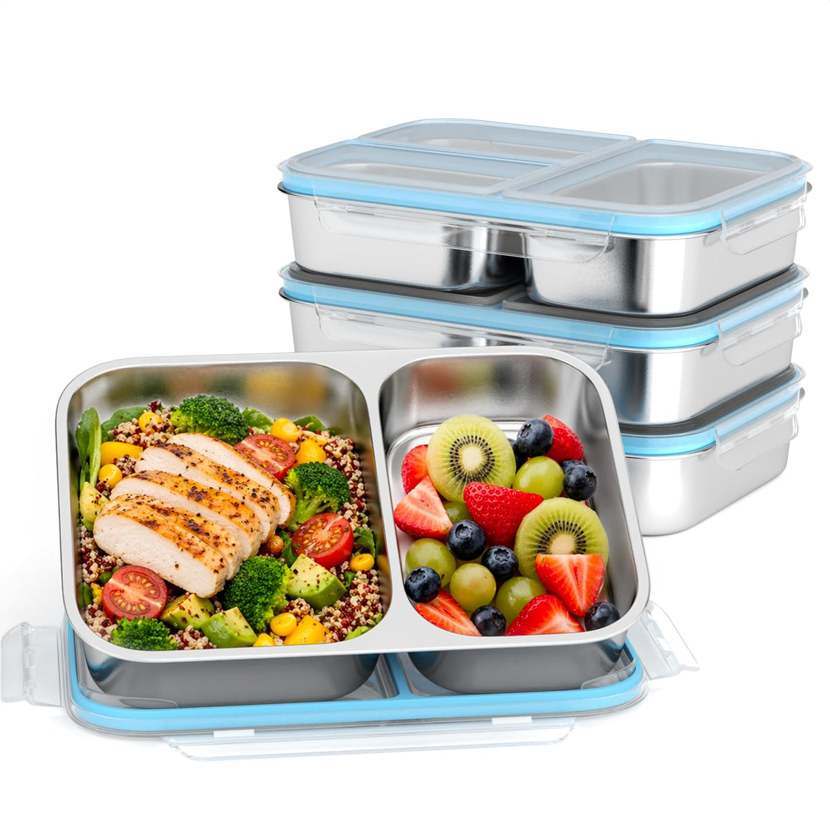 EC-Gaze front view of four stainless steel containers showing durable set and organization