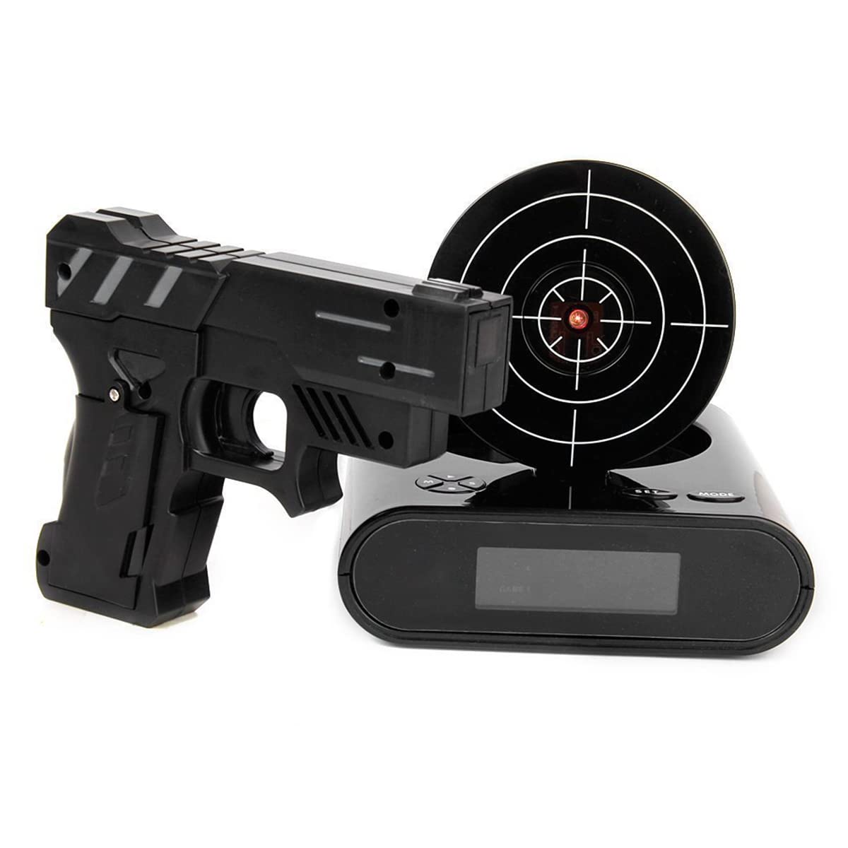 EC VISION front view of gun alarm clock showing target and controller, easy setup
