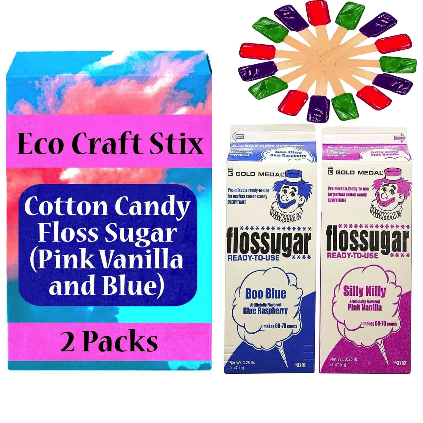 Eco Craft Stix front packaging showing two 3.25 lb bags and included spoons for convenient serving