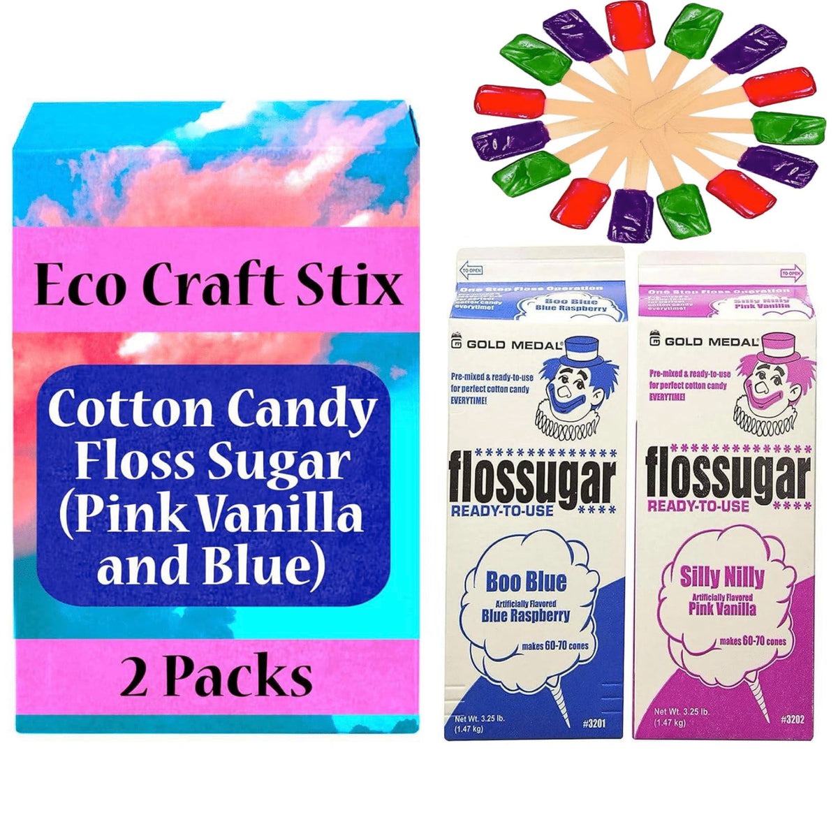 Eco Craft Stix front packaging showing two 3.25 lb bags and included spoons for convenient serving