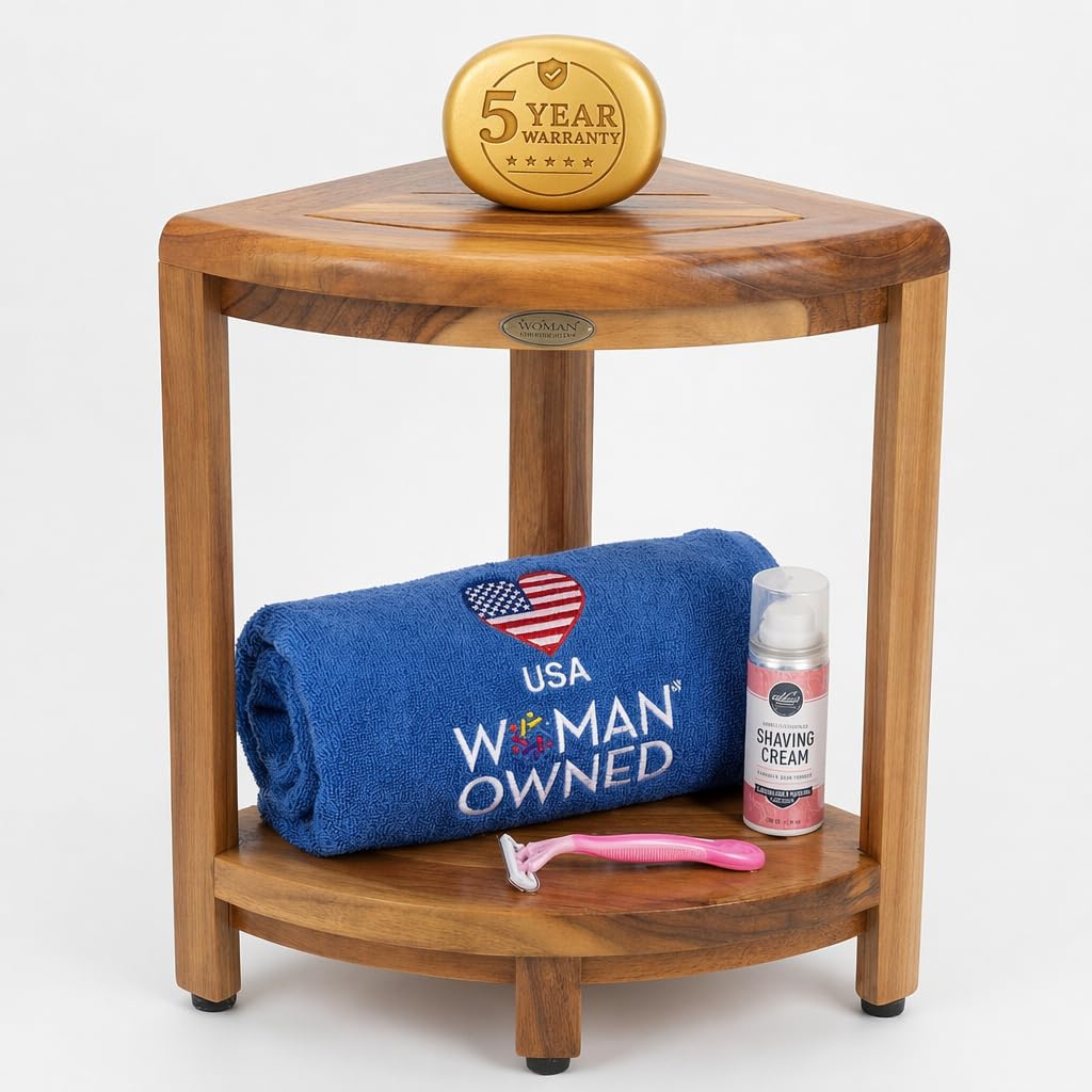 EcoDecors teak corner stool front view showing compact profile and spa look