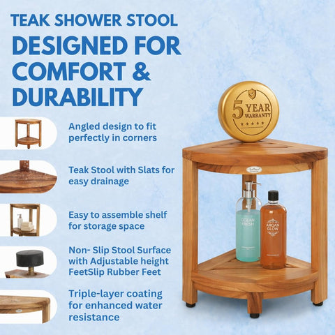 EcoDecors teak corner stool side profile demonstrating sturdy three-leg design