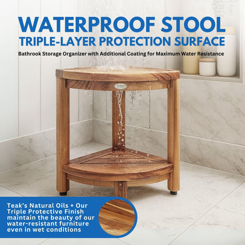 EcoDecors teak stool adjustable rubber feet close-up for secure shower stability