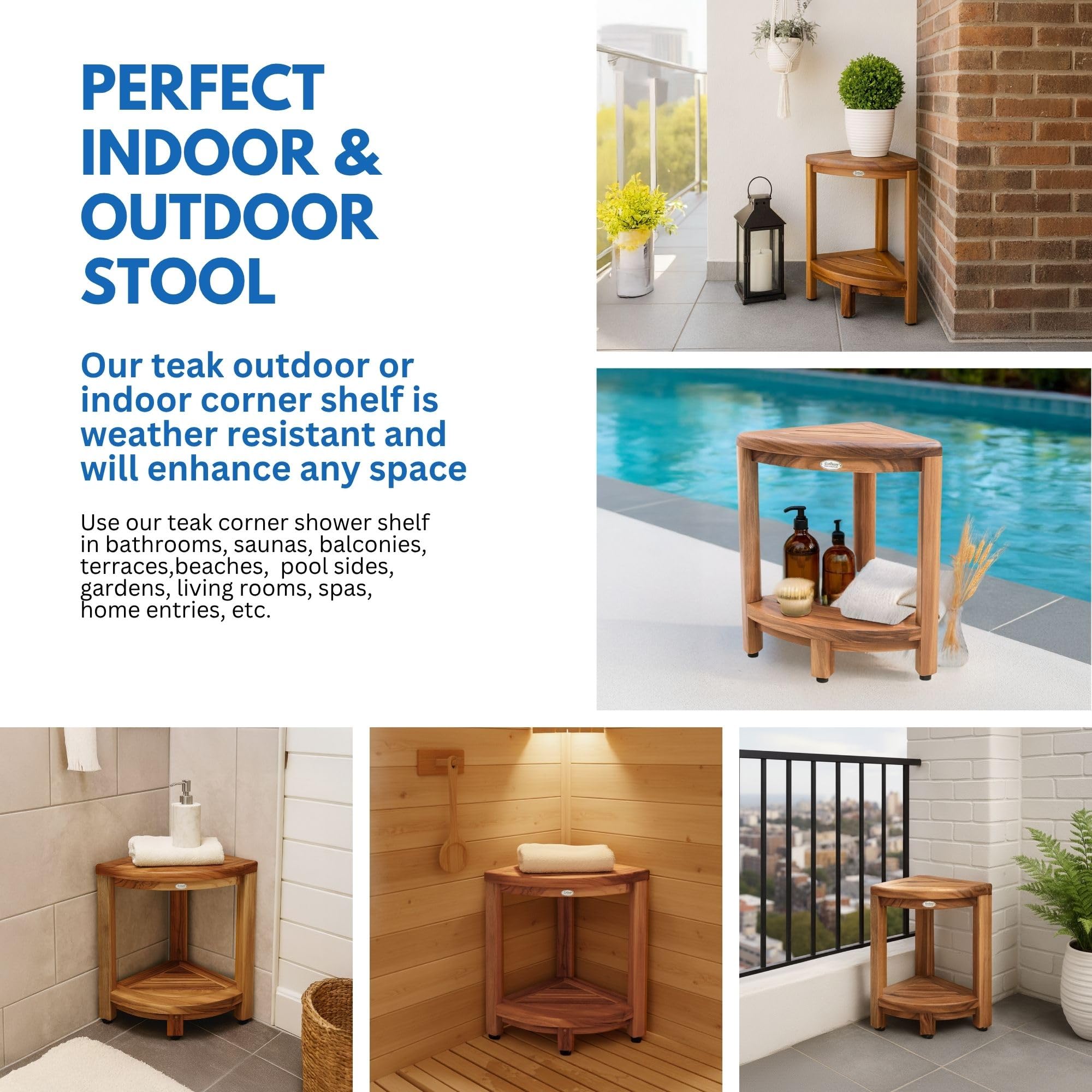 EcoDecors teak stool staged in shower for durable water-resistant bathroom styling