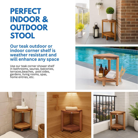 EcoDecors teak stool staged in shower for durable water-resistant bathroom styling
