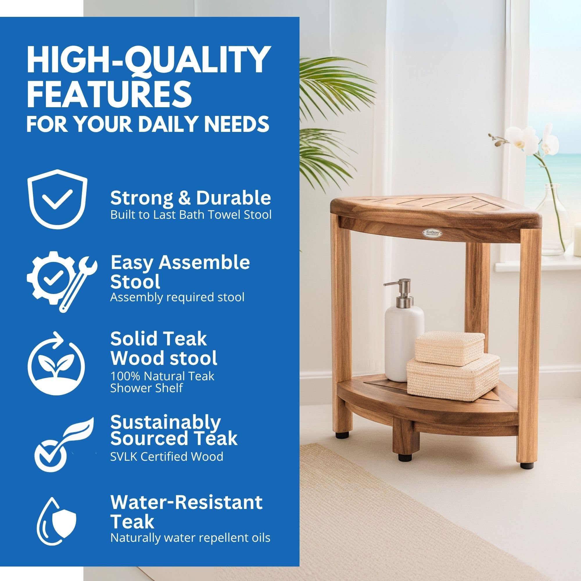 EcoDecors teak stool lower shelf detail with bottles stored neatly for organization