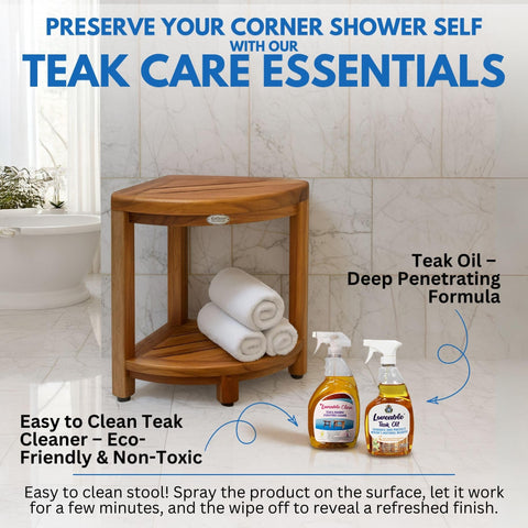 EcoDecors teak stool beside toiletries to show size and practical storage benefit