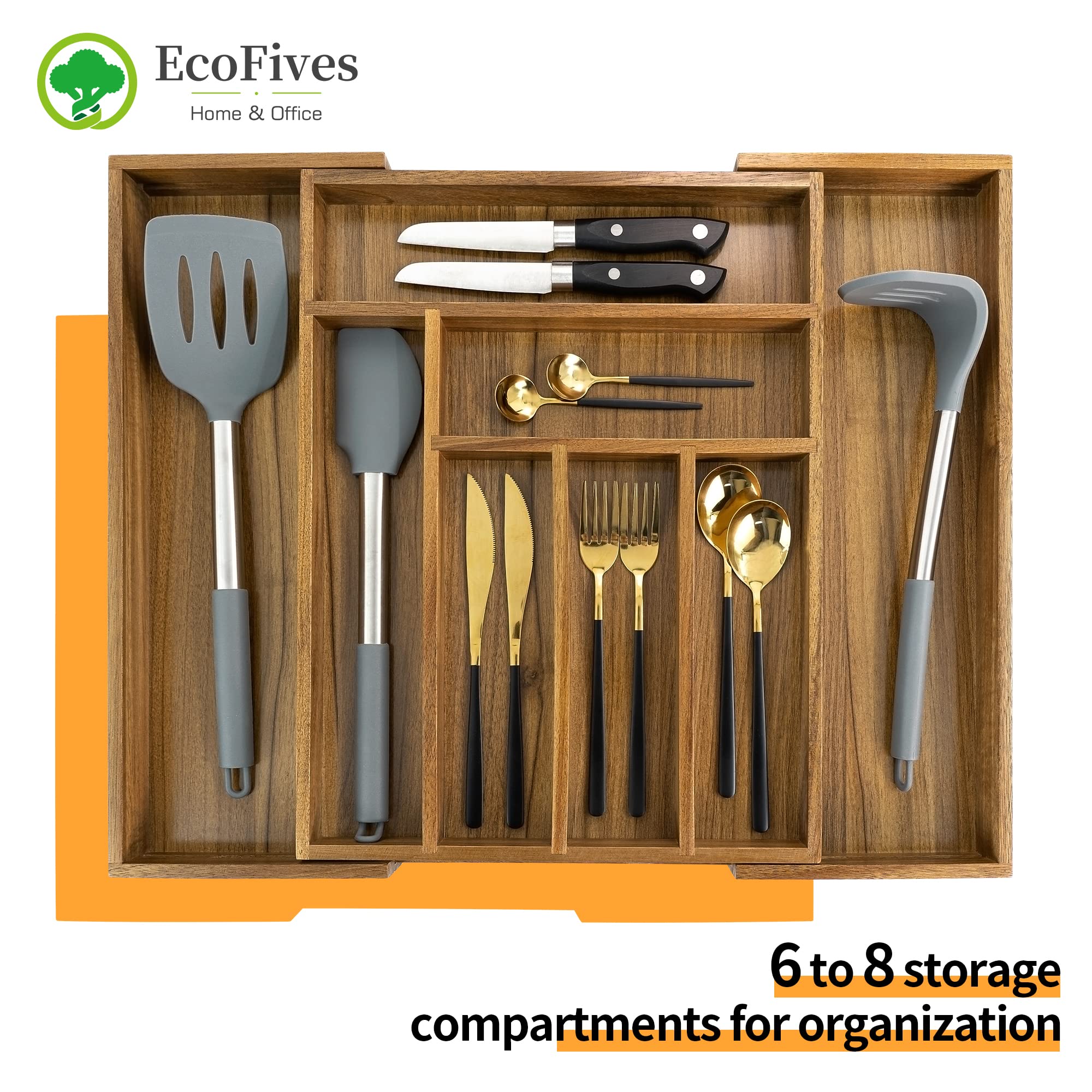EcoFives acacia expanded side view illustrating adjustable width for different drawers