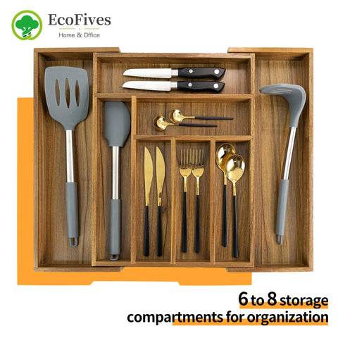 EcoFives acacia expanded side view illustrating adjustable width for different drawers