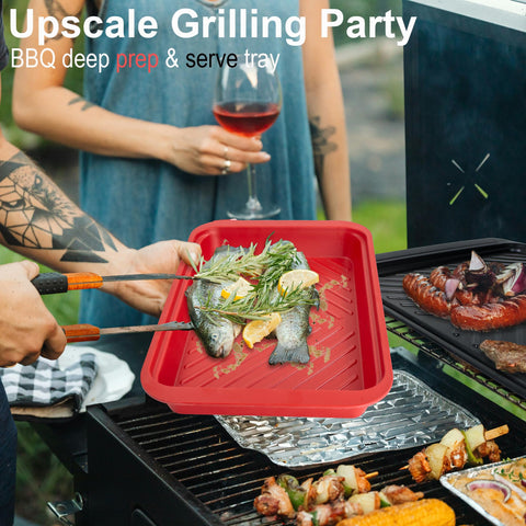 ECOIOU black serving tray staged with grilled meats, highlights attractive presentation
