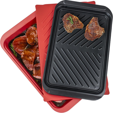 ECOIOU front view showing both red prep and black serving tray, promotes organized grilling