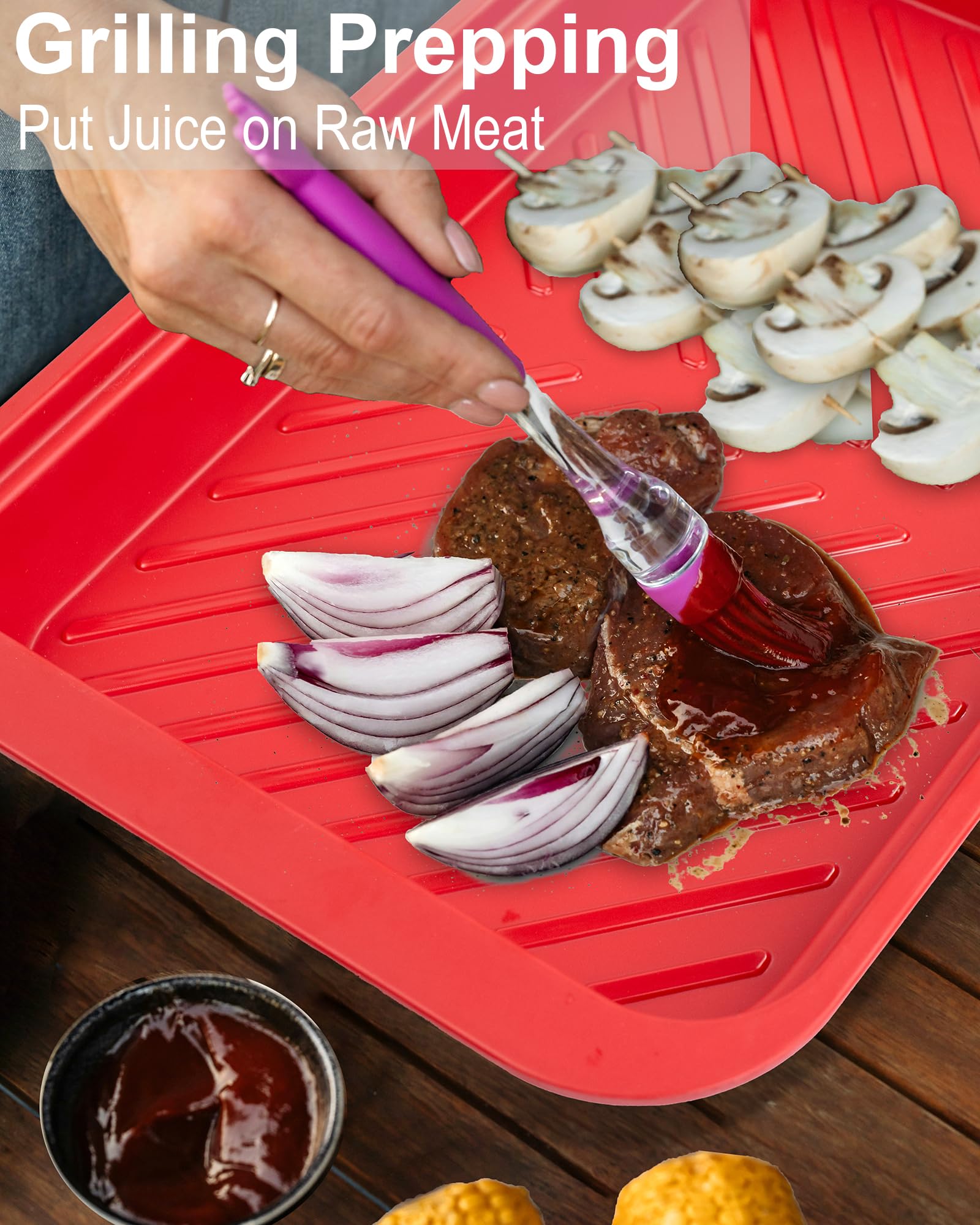ECOIOU tray holding marinating steaks outdoors, simplifies safe food handling
