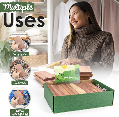 ecoKiwi cedar blocks fitted on hangers in a closet offering odor control benefit