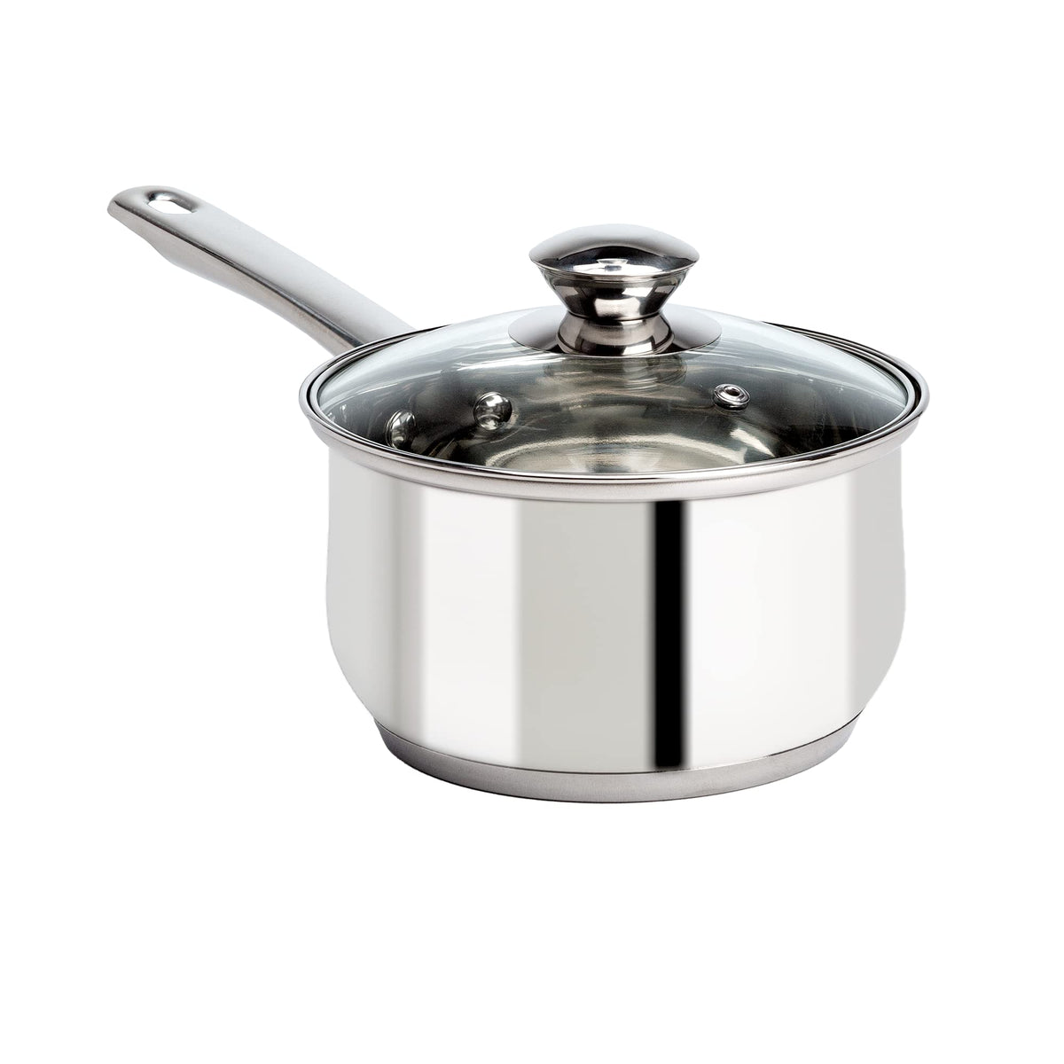 Ecolution saucepan front view showing polished stainless finish and lid benefit even heating