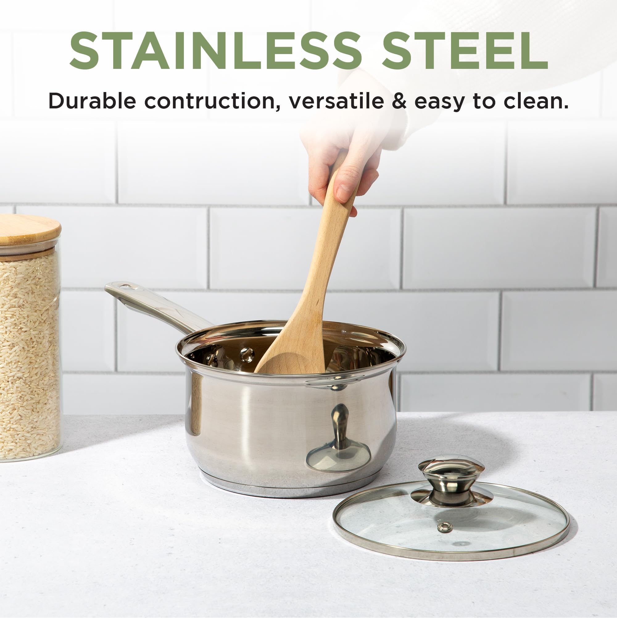 Ecolution riveted stainless steel handle detail providing secure grip and safe transfer benefit