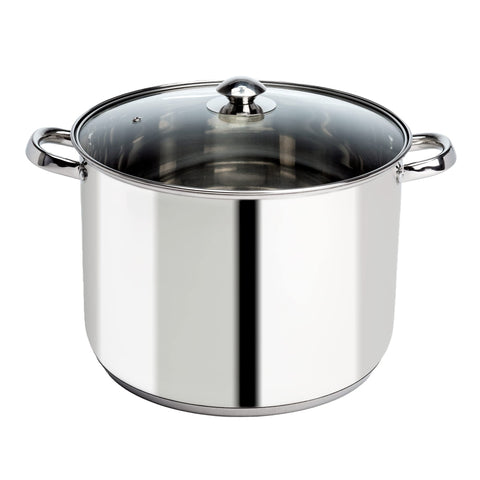 Ecolution stock pot front view showing polished finish and lid, reliable capacity benefit