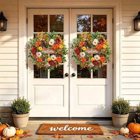 EcoRing wreath hung on porch showing inviting seasonal entrance