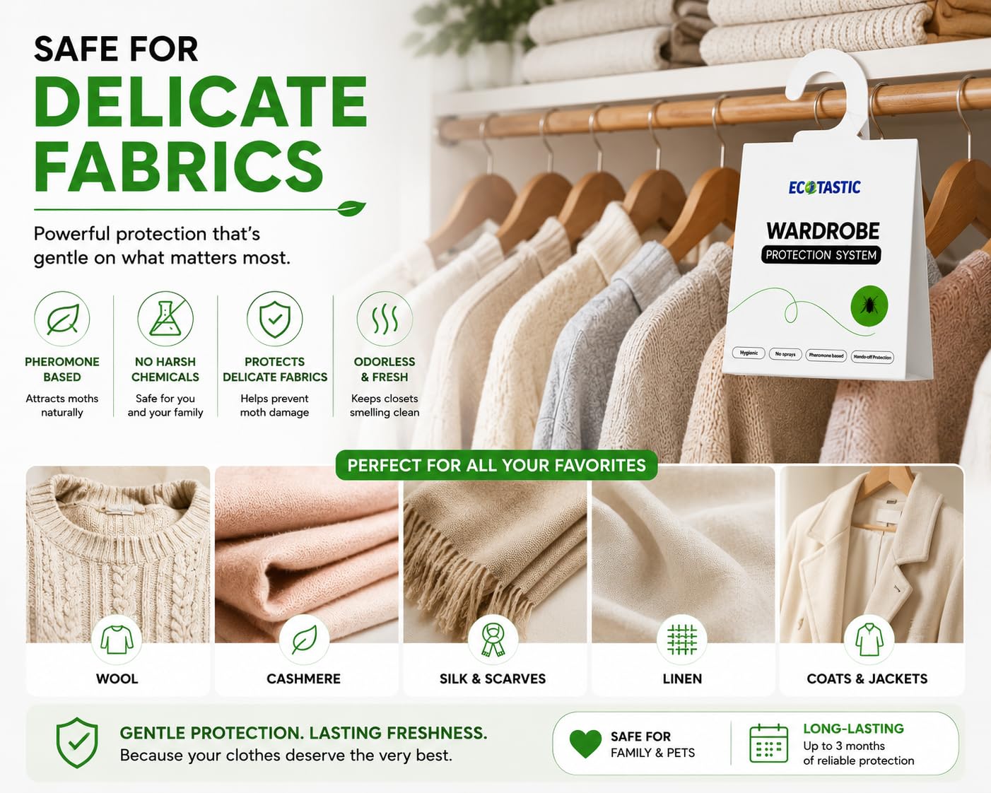 ECOTASTIC hanging trap in closet protecting clothes from moths