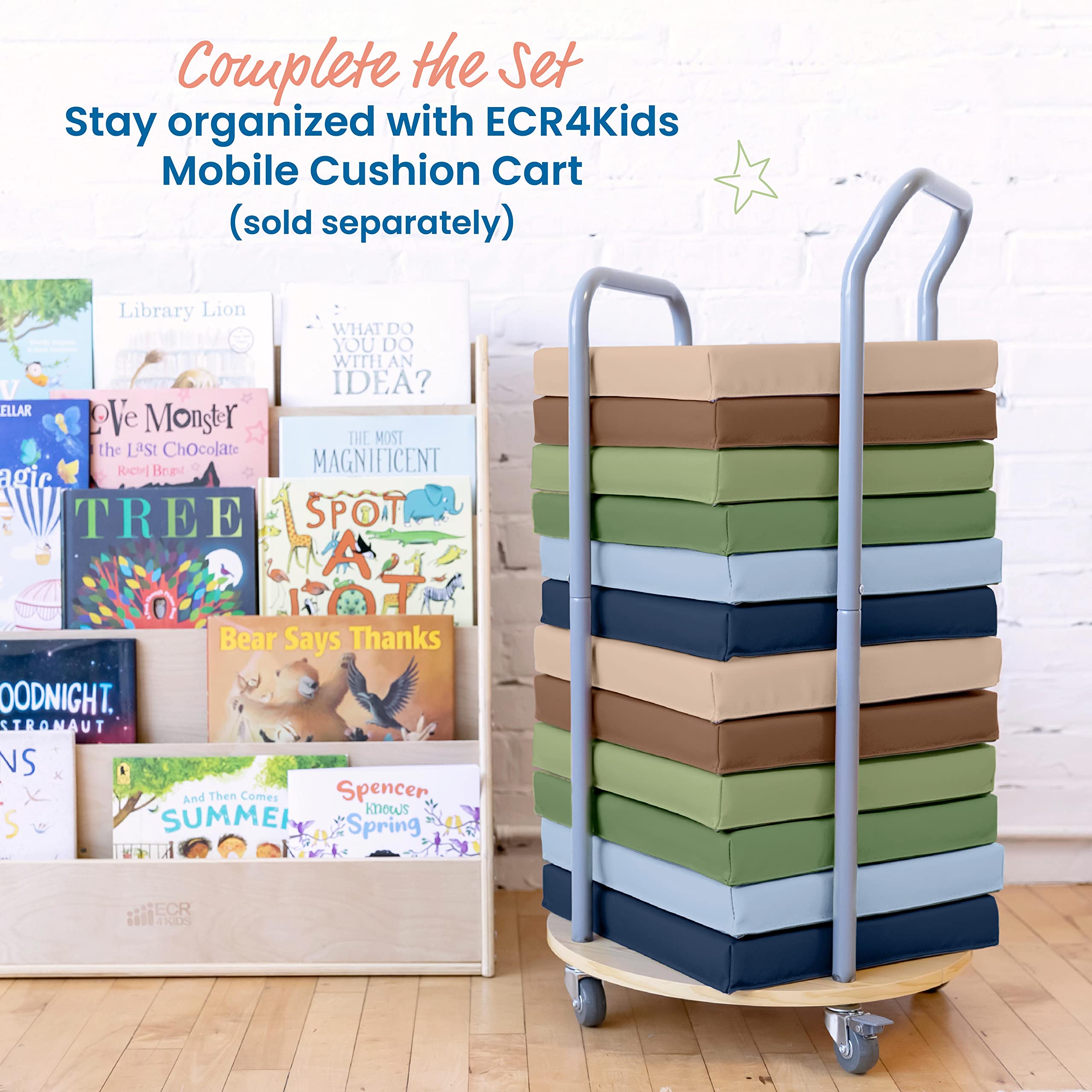 ECR4Kids stacked cushions illustrating space-saving storage benefit
