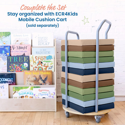ECR4Kids stacked cushions illustrating space-saving storage benefit
