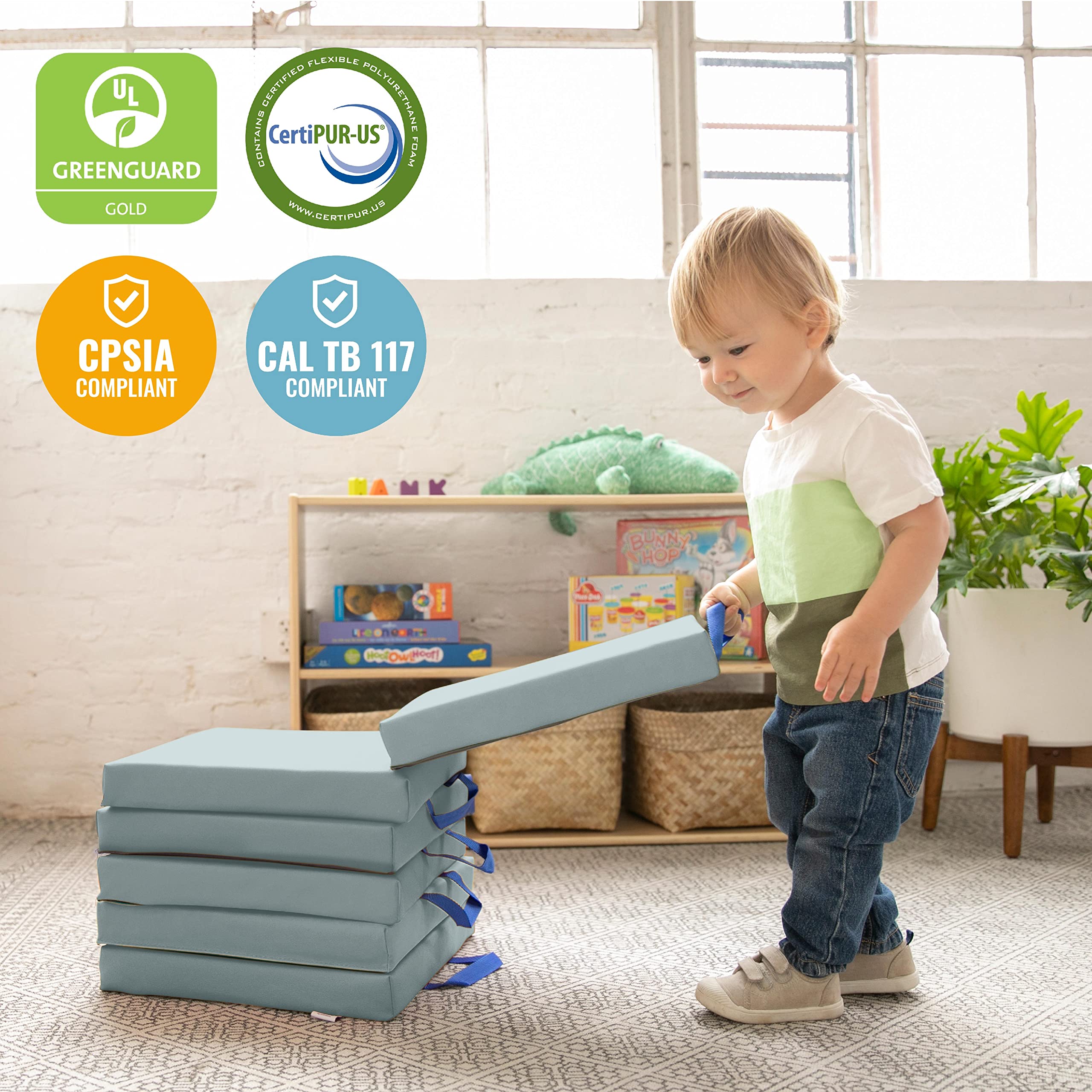 ECR4Kids stacked cushions saving classroom floor space neatly