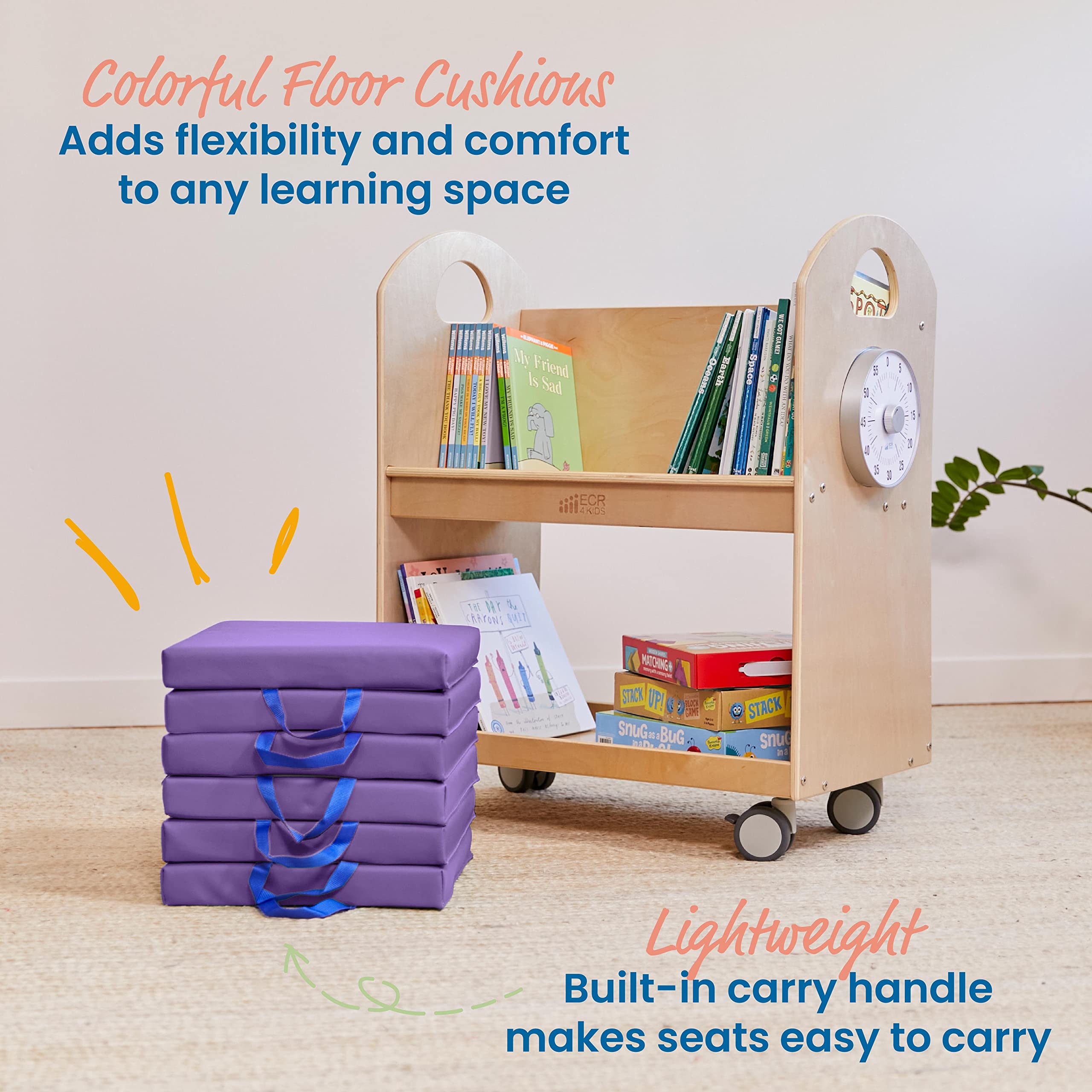 ECR4Kids stacked cushions saving floor space and keeping classroom organized benefit