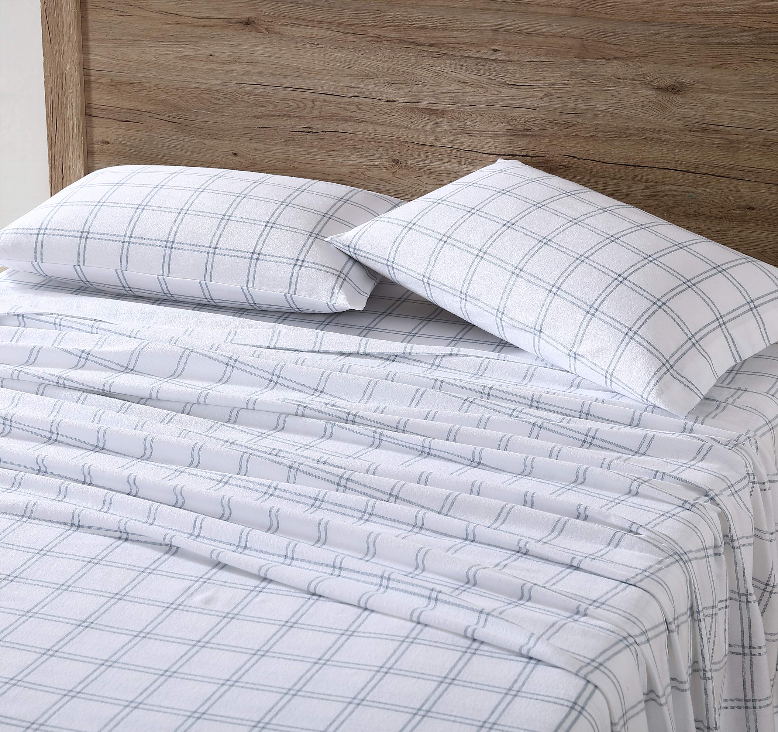 Eddie Bauer styled bed with Westridge Plaid blue sheets illustrating cozy bedroom vibe