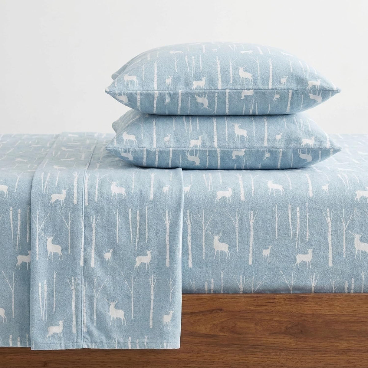 Eddie Bauer front view of Birch Forest twin sheet set showing pattern and neat fit