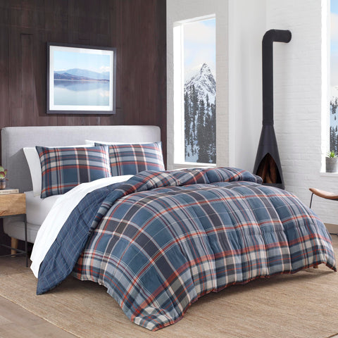 Eddie Bauer front view of comforter set showing plaid design and neat finish
