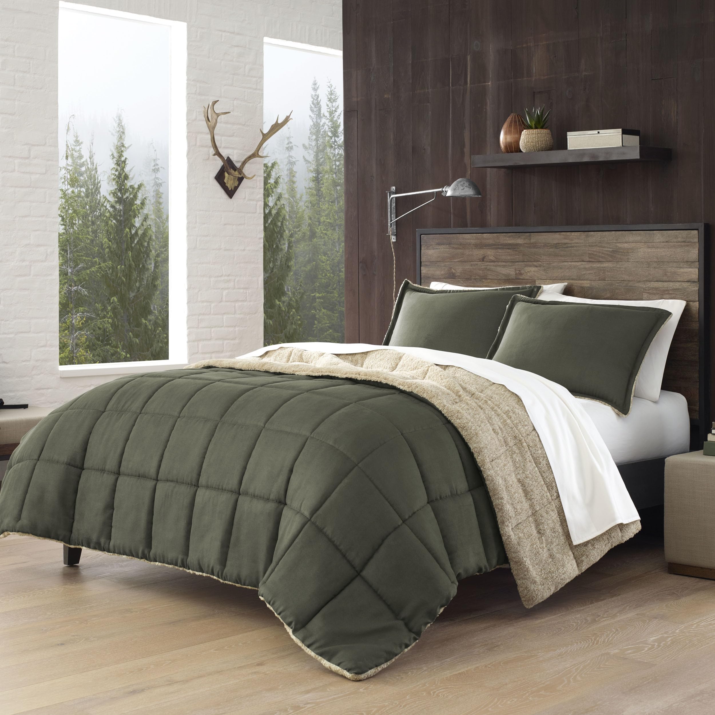 Eddie Bauer comforter front view in sherwood green showing inviting cabin style and warmth