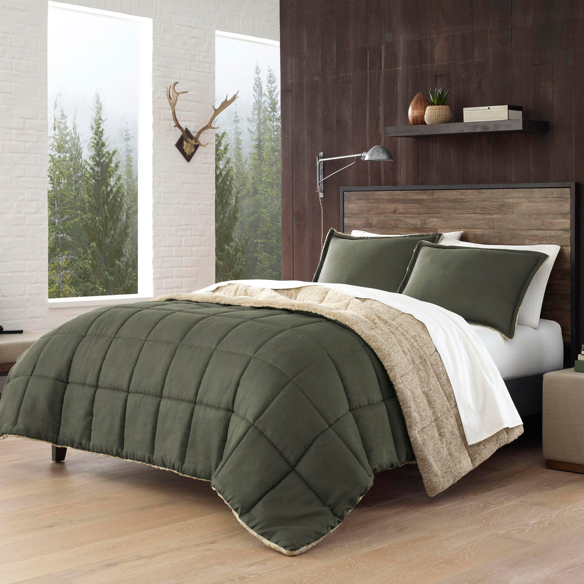 Eddie Bauer comforter front view in sherwood green showing inviting cabin style and warmth