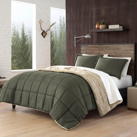 Eddie Bauer comforter front view in sherwood green showing inviting cabin style and warmth