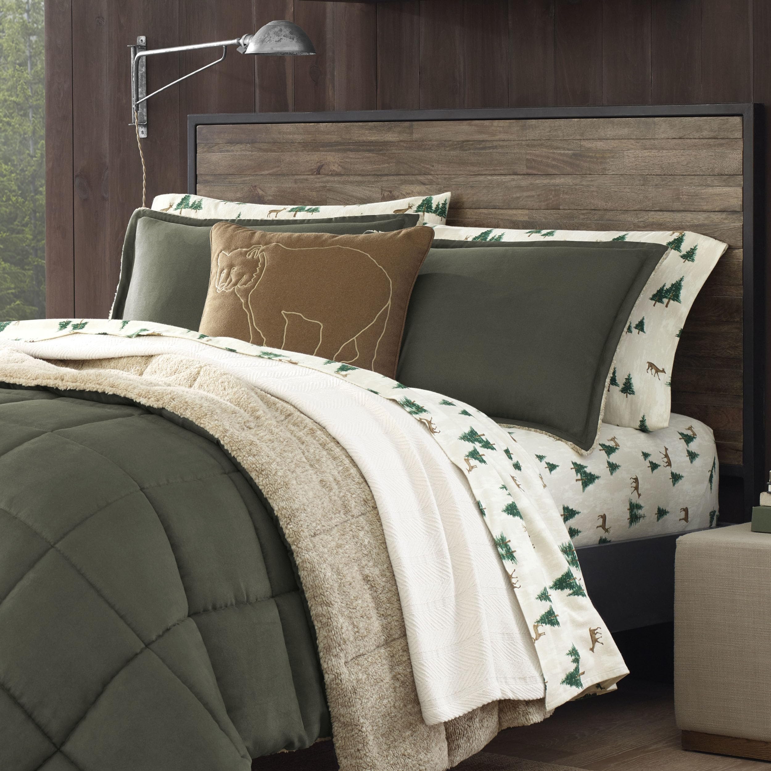 Eddie Bauer comforter on queen bed in styled bedroom offering a cozy lodge atmosphere