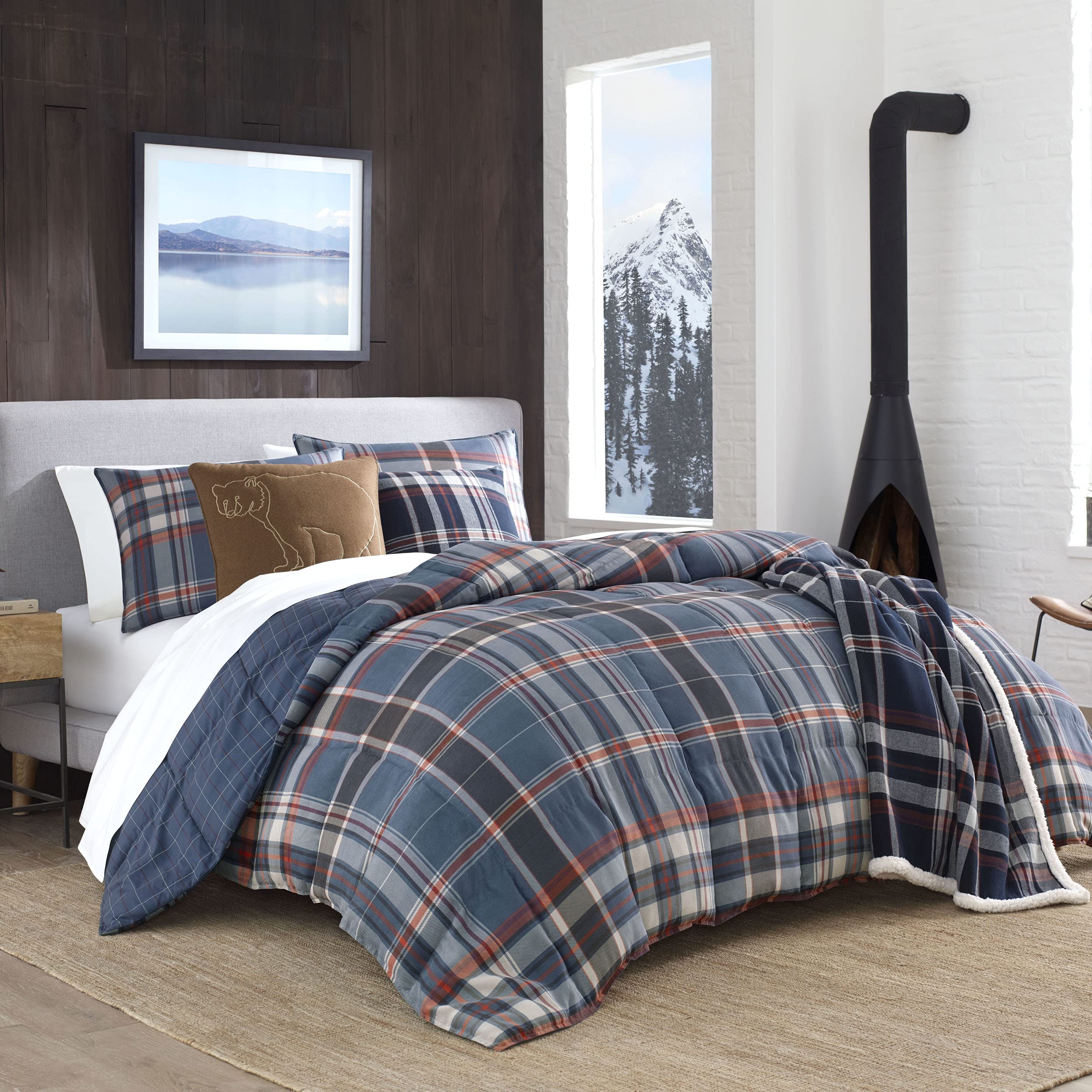 Eddie Bauer comforter on queen bed showing full-size coverage and fit