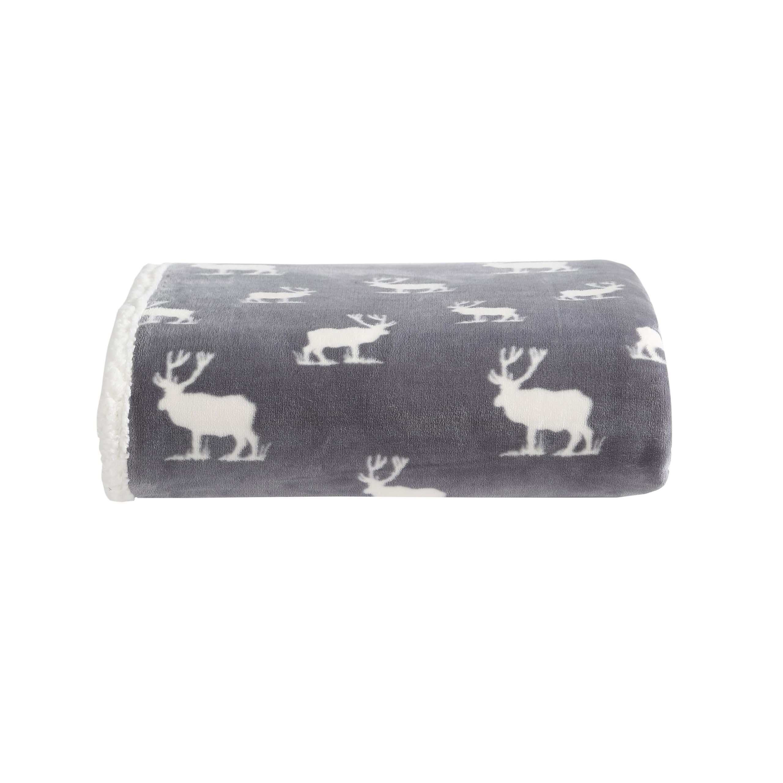 Eddie Bauer throw front view showing Elk Stance Grey and logo patch for stylish comfort