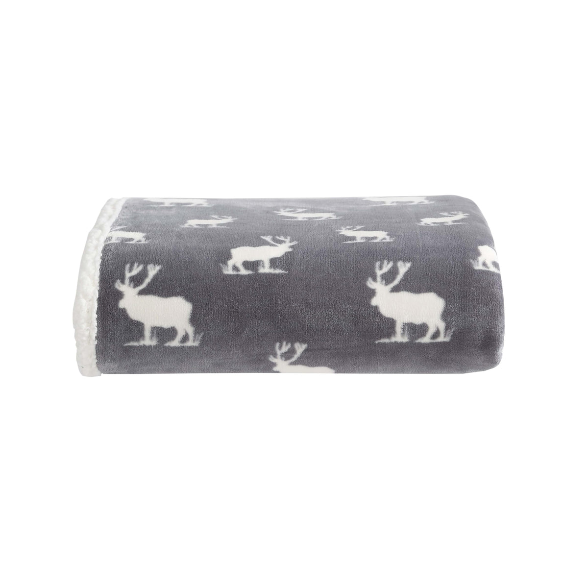 Eddie Bauer throw front view showing Elk Stance Grey and logo patch for stylish comfort
