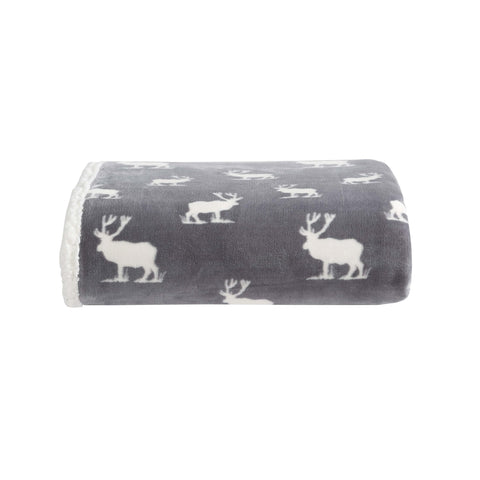 Eddie Bauer throw front view showing Elk Stance Grey and logo patch for stylish comfort
