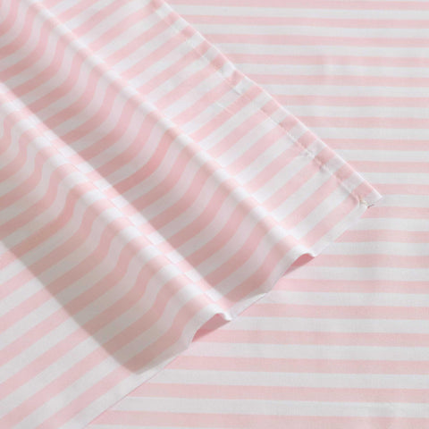 Eddie Bauer standard pillowcase displaying matching stripe and easy-care benefit